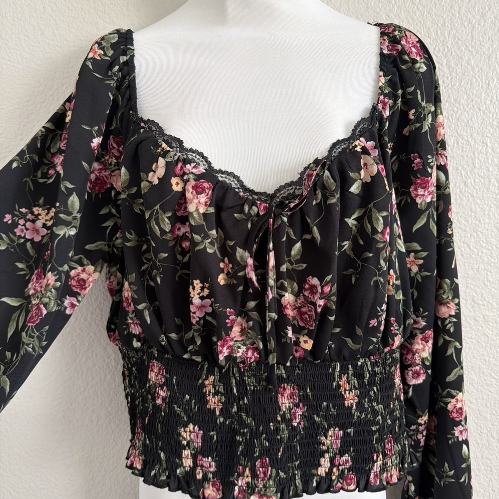 1X XL Floral Boho Off the Shoulder Top Blouse Puff Sleeve Peasant Lace Trim - Picture 14 of 15